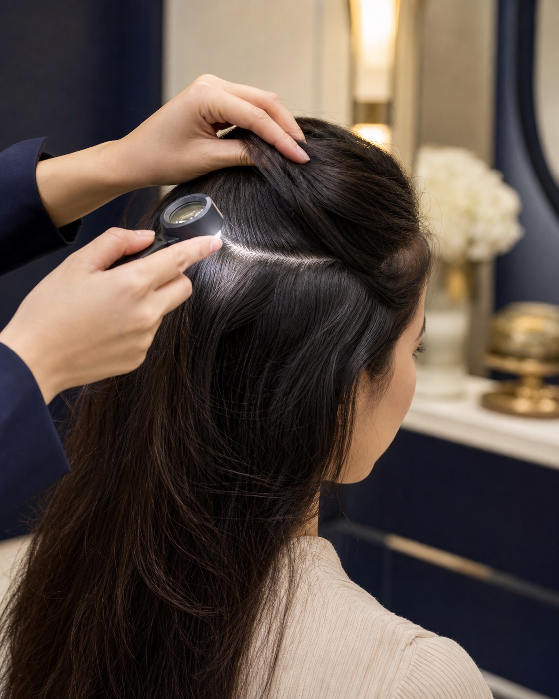 Editorial view of a careful hair and scalp consultation