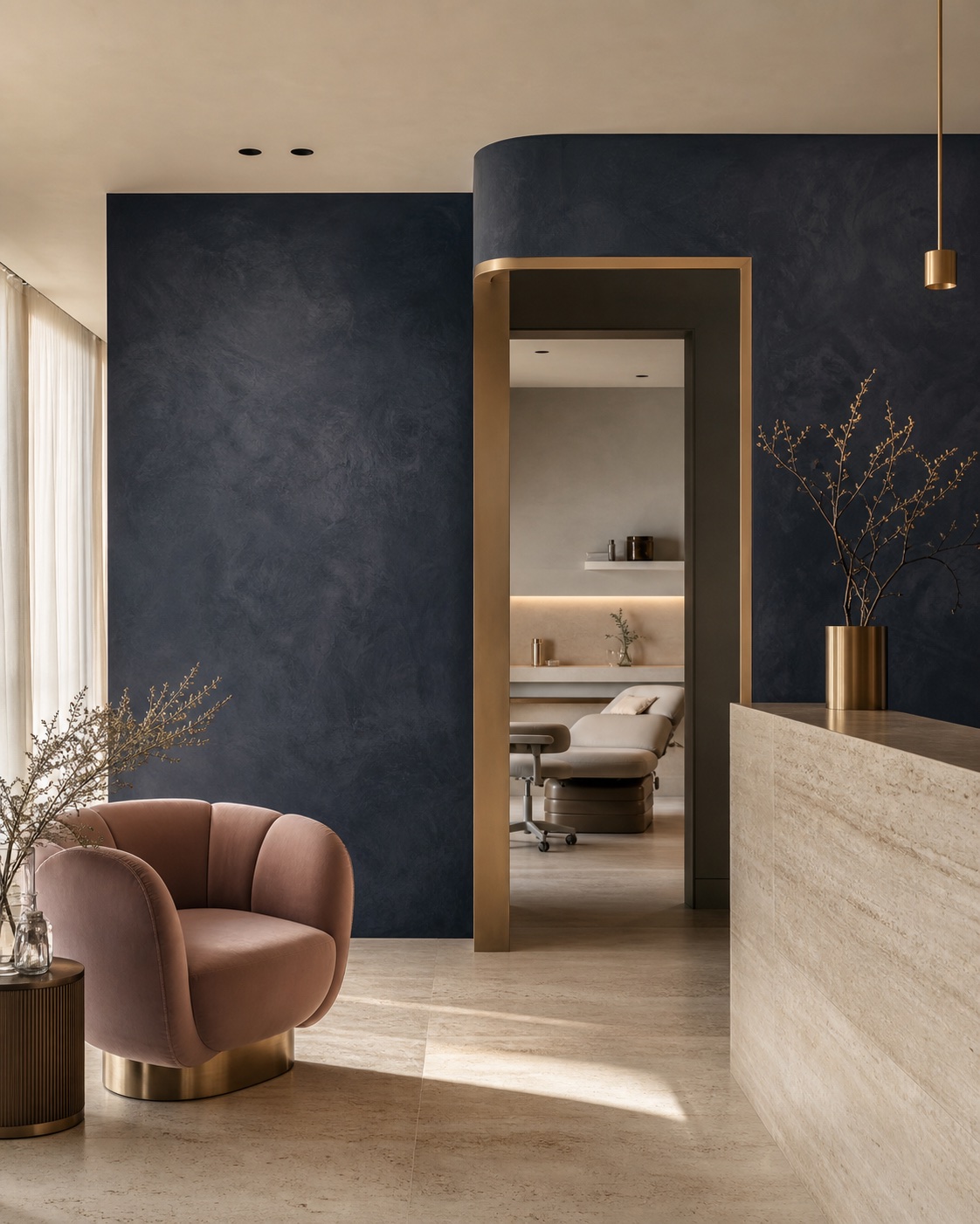 Editorial view of a premium indigo aesthetic clinic interior