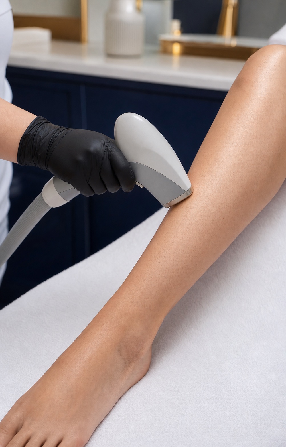 Editorial laser hair removal treatment on an adult client's lower leg