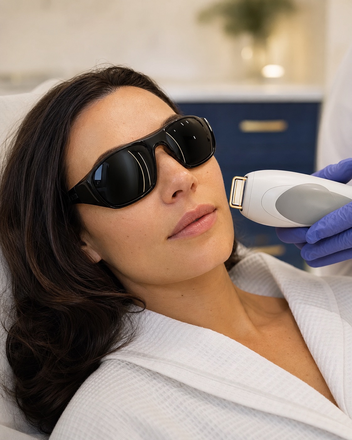 Editorial skin and laser consultation with protective eyewear