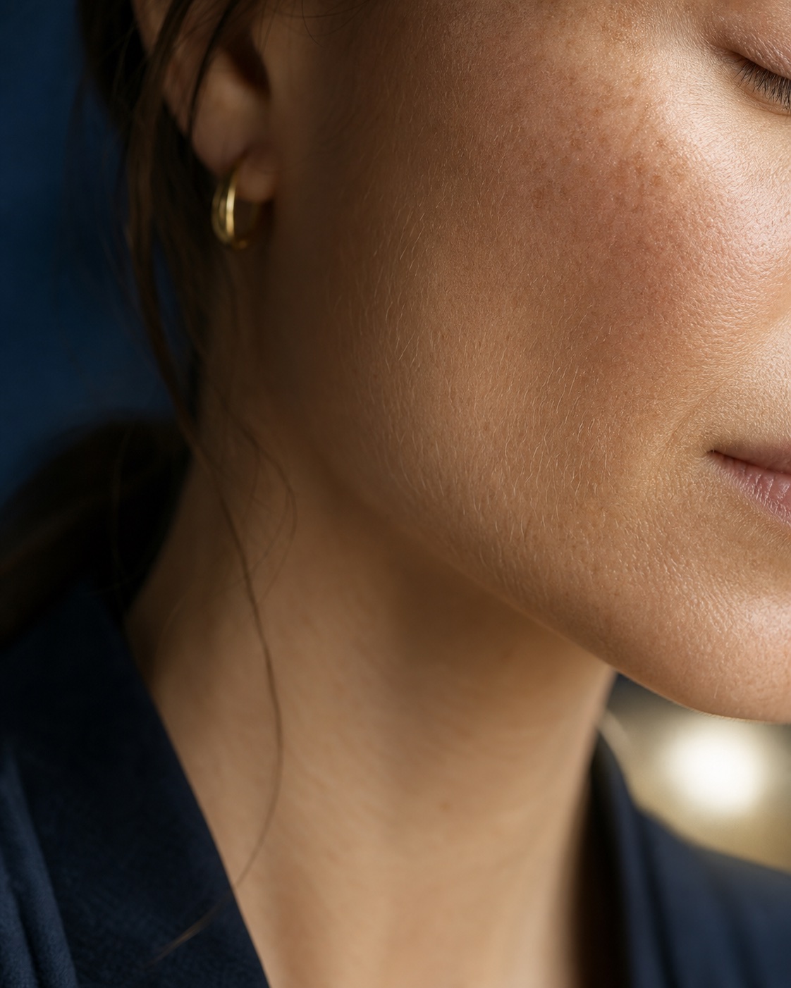 Editorial close-up showing natural adult skin texture